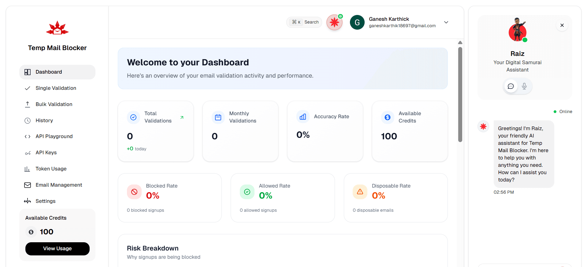 Temp mail blocker dashboard